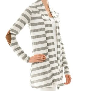 Always Me Gray White Striped Cardigan Brown Suede Elbow Patch Open Front M